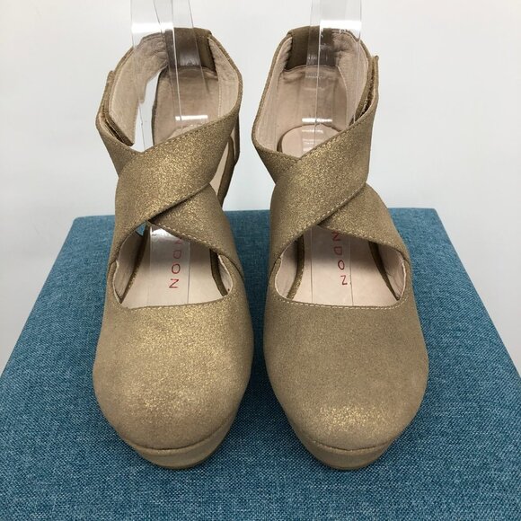 Sacha London Gold Metal Ventura cross strap round toe Heels size 6.5 - Picture 4 of 15